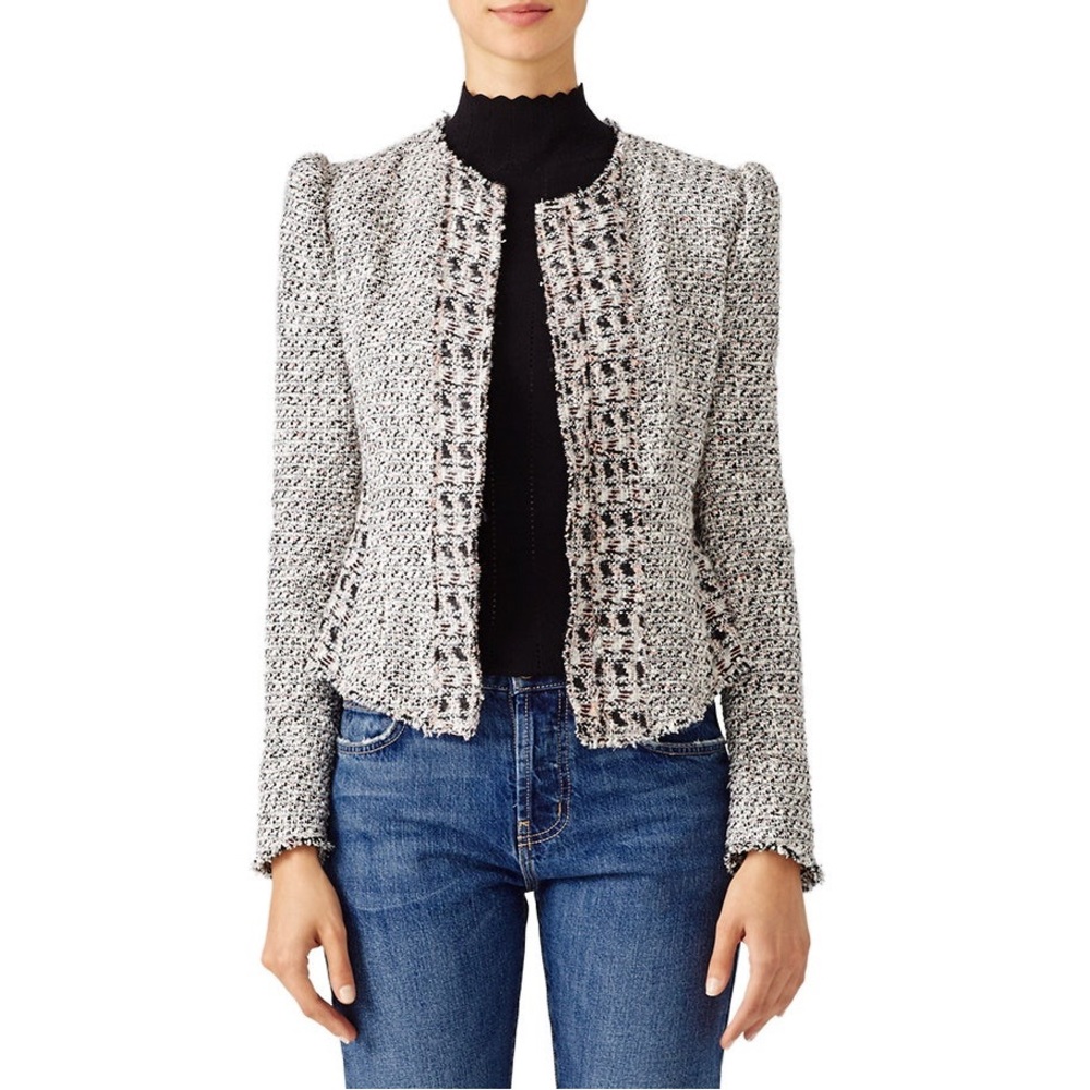 Rebecca Taylor Puff Shoulder Peplum Gray Mixed Tweed Cotton Blend Jacket EUC 8